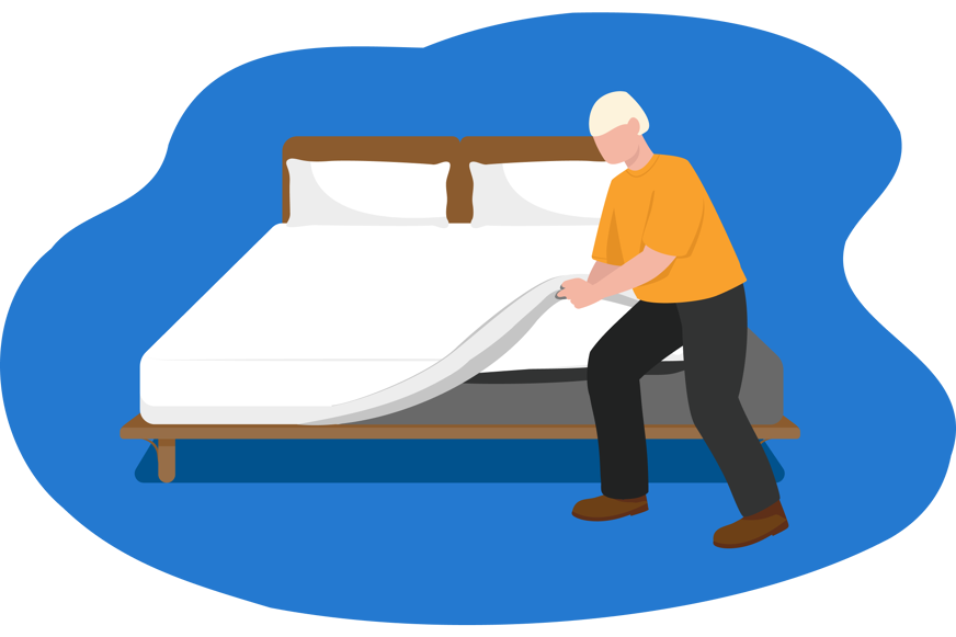 man putting sheet on bed